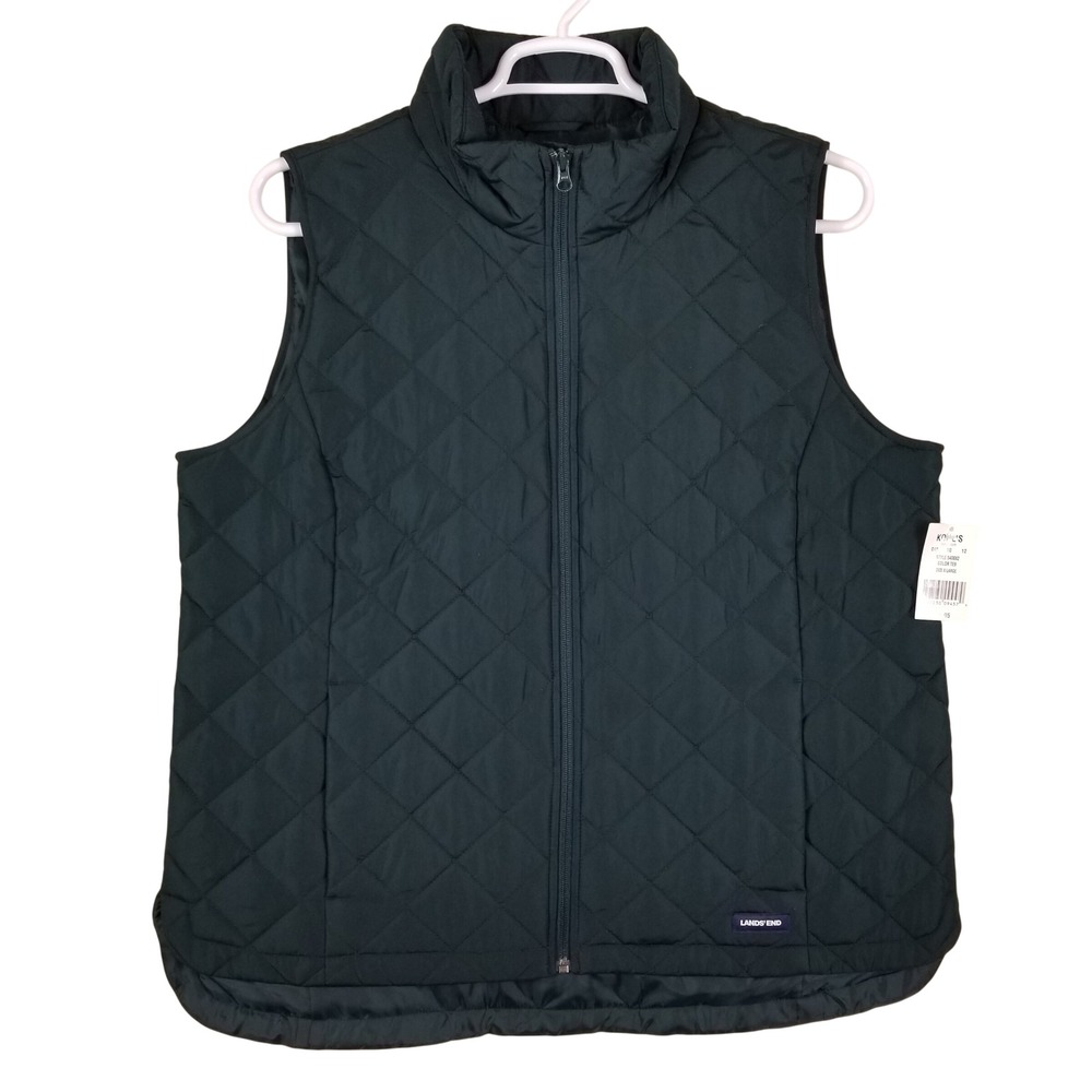 Lands' End Womens XL Quilted Vest‎ Forest Green Full Zip Mock Neck 540082 NEW